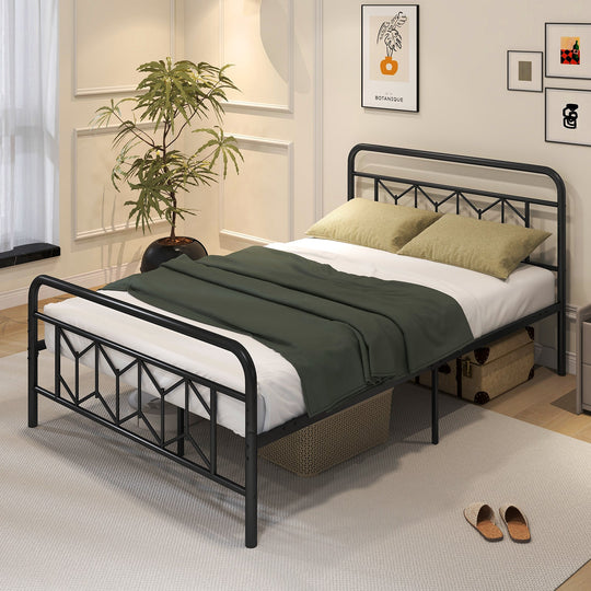 Platform Bed with High Headboard and Snap Lock Metal Slats