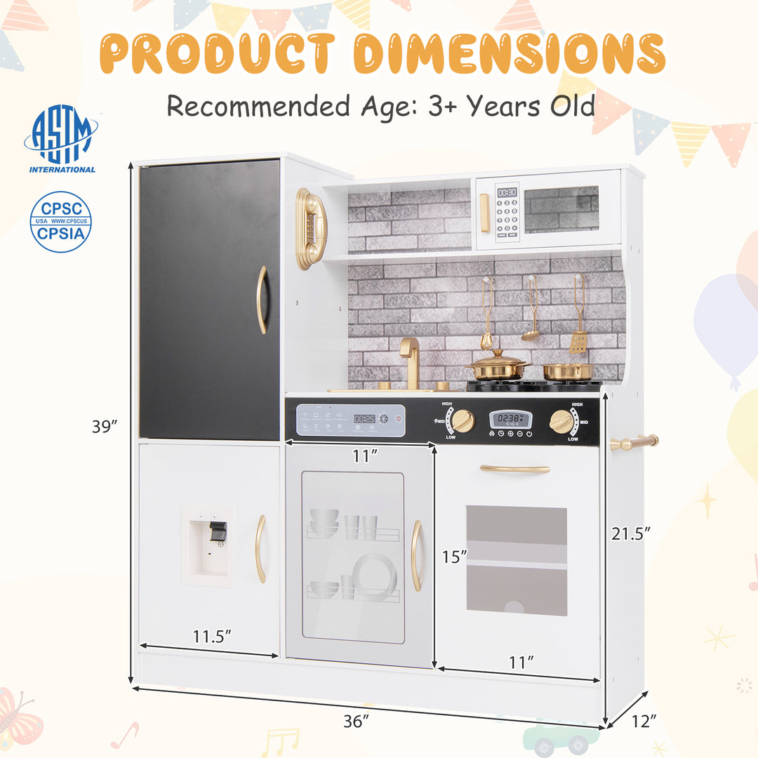 Pretend Play Kitchen with Utensils for Kids Aged 3+-White