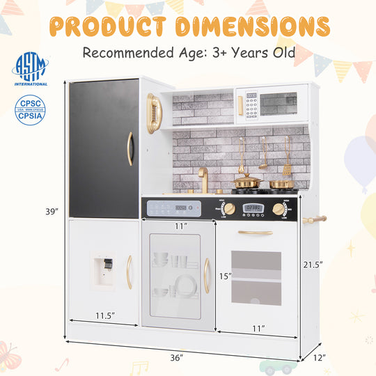 Pretend Play Kitchen with Utensils for Kids Aged 3+-White