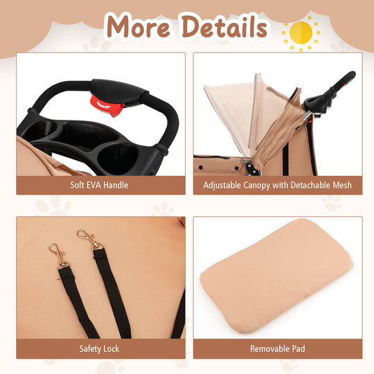 Folding Pet Stroller with Storage Basket and Adjustable Canopy-Beige