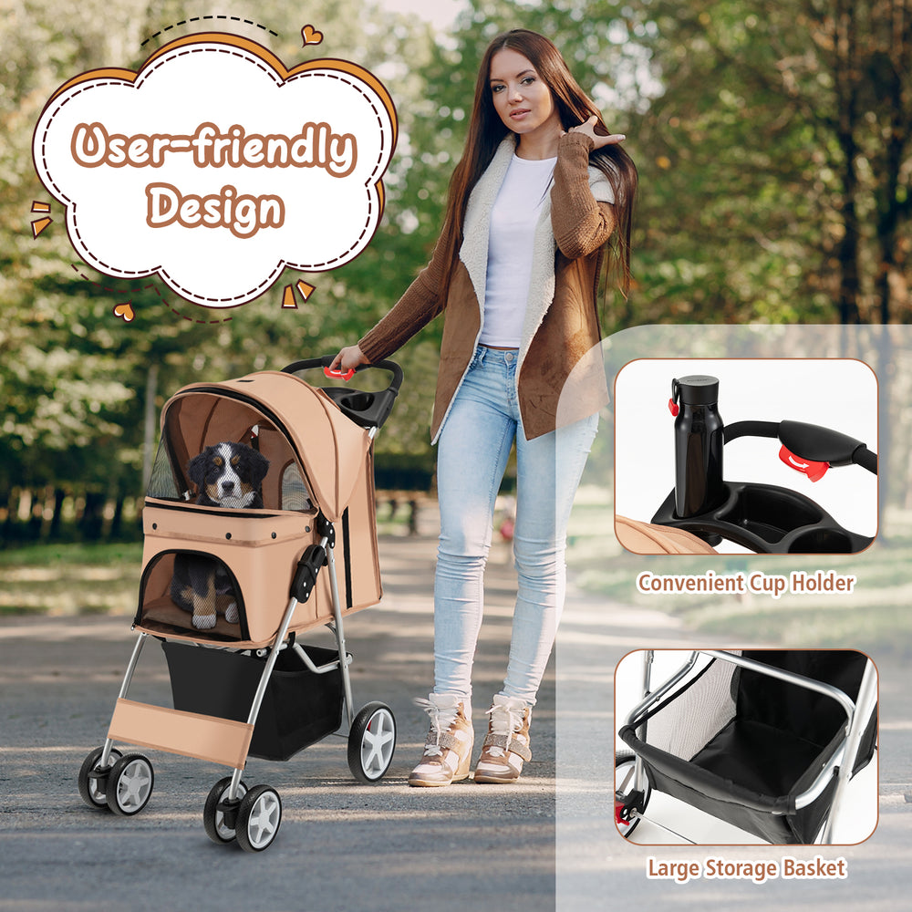 Folding Pet Stroller with Storage Basket and Adjustable Canopy-Beige