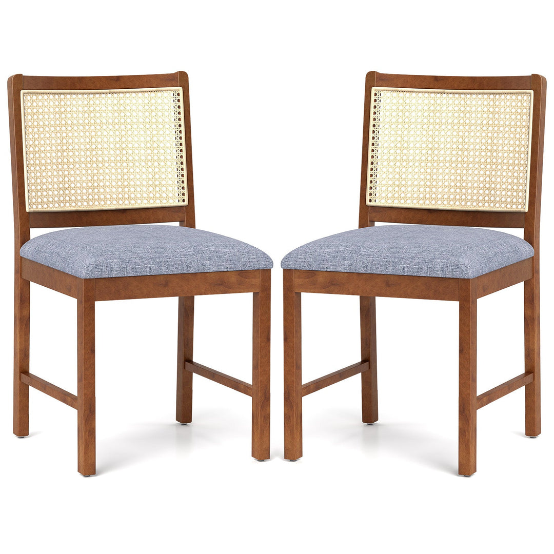 Rattan Dining Chair Set of 2 with Rubber Wood Frame and Linen Fabric Padded Seat-Walnut