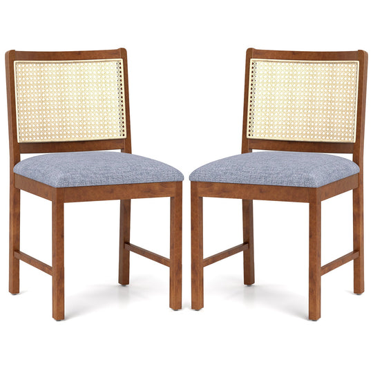 Rattan Dining Chair Set of 2 with Rubber Wood Frame and Linen Fabric Padded Seat-Walnut