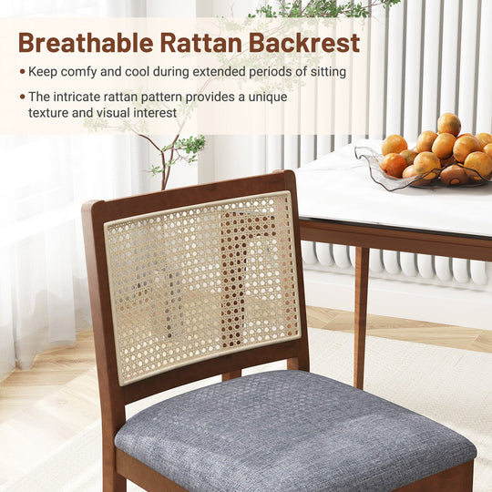 Rattan Dining Chair Set of 2 with Rubber Wood Frame and Linen Fabric Padded Seat-Walnut