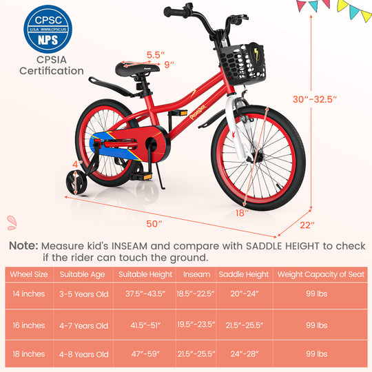 18 Feet Kids Bike with Removable Training Wheels-Red