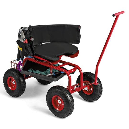 Rolling Garden Cart with Height Adjustable Swivel Seat and Storage Basket