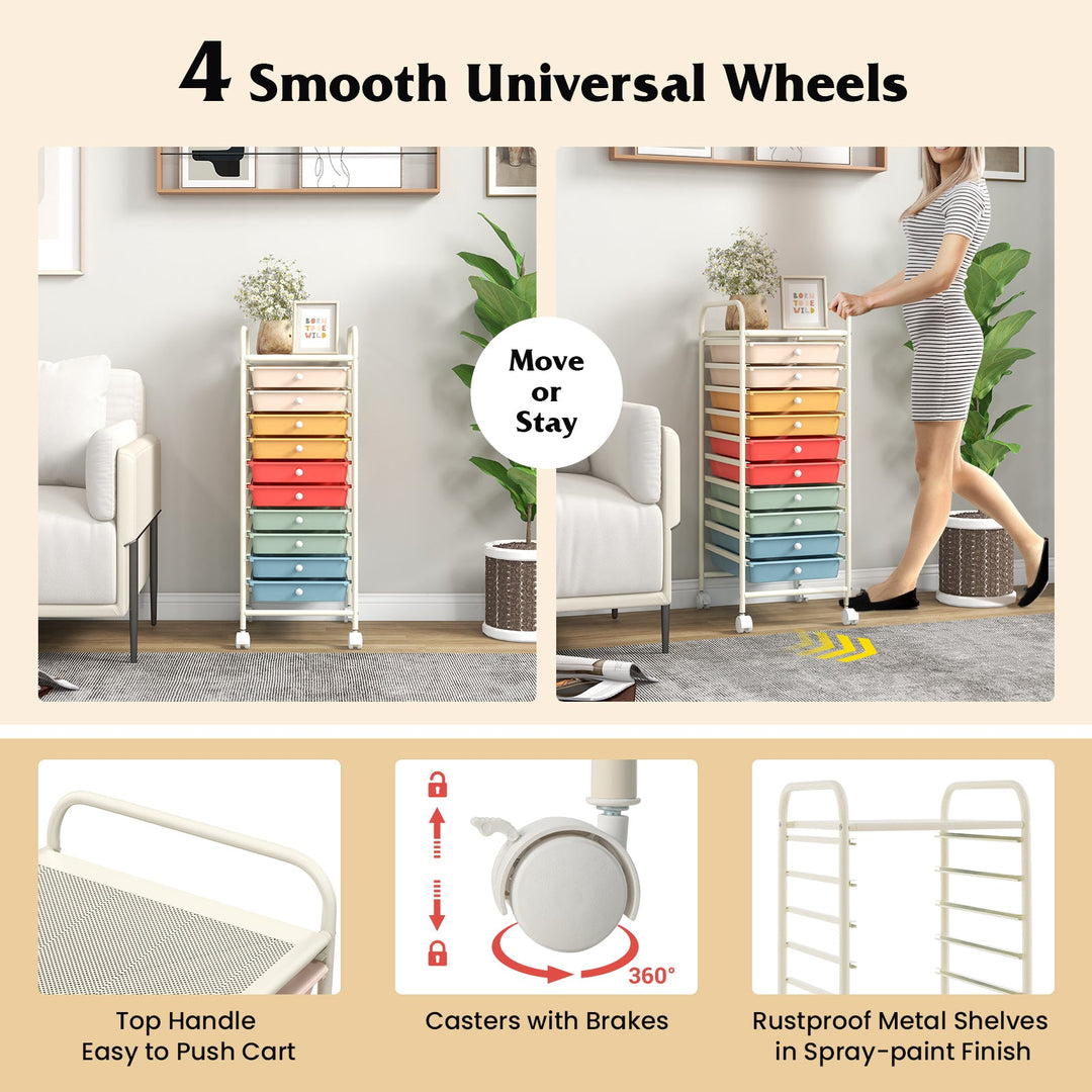 10 Drawer Rolling Storage Cart Organizer with 4 Universal Casters