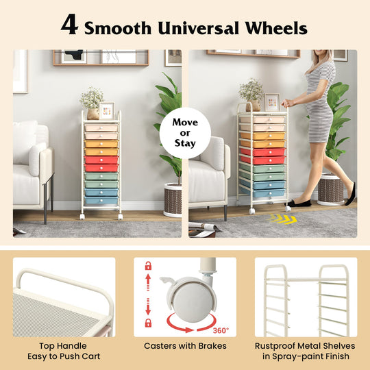 10 Drawer Rolling Storage Cart Organizer with 4 Universal Casters