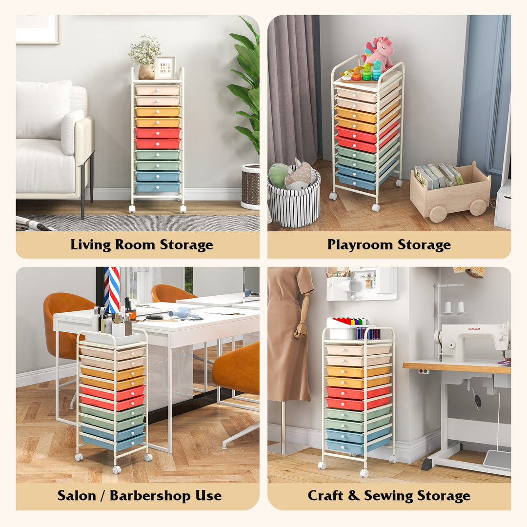 10 Drawer Rolling Storage Cart Organizer with 4 Universal Casters