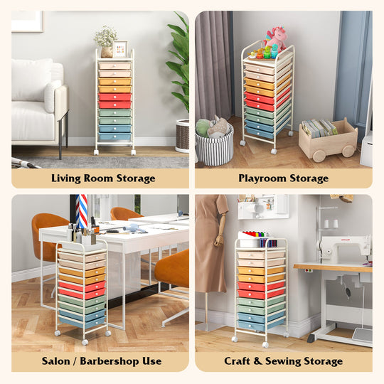 10 Drawer Rolling Storage Cart Organizer with 4 Universal Casters