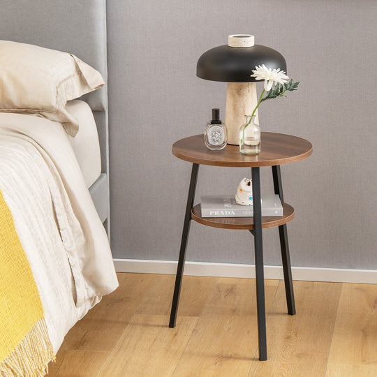 2-Tier Round End Table Set of 2 with Open Shelf and Triangular Metal Frame-Walnut