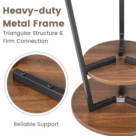2-Tier Round End Table Set of 2 with Open Shelf and Triangular Metal Frame-Walnut