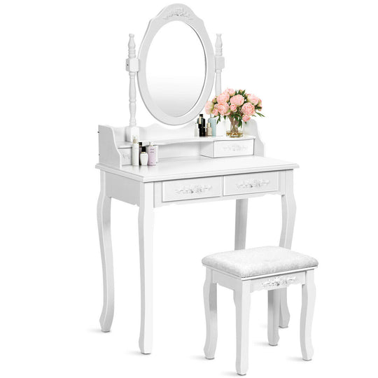 Vanity Table Set with Oval Mirror and 4 Drawers