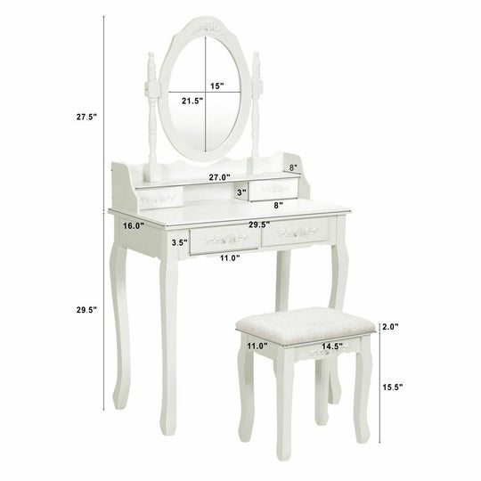 Vanity Table Set with Oval Mirror and 4 Drawers
