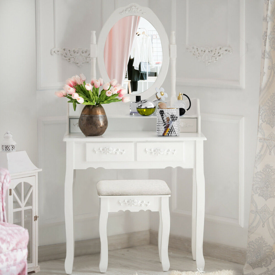 Vanity Table Set with Oval Mirror and 4 Drawers