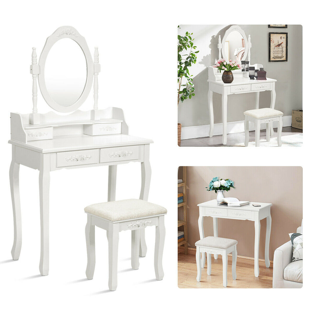Vanity Table Set with Oval Mirror and 4 Drawers