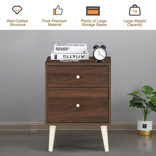 2-Drawer Nightstand Beside End Side Table with Rubber Legs
