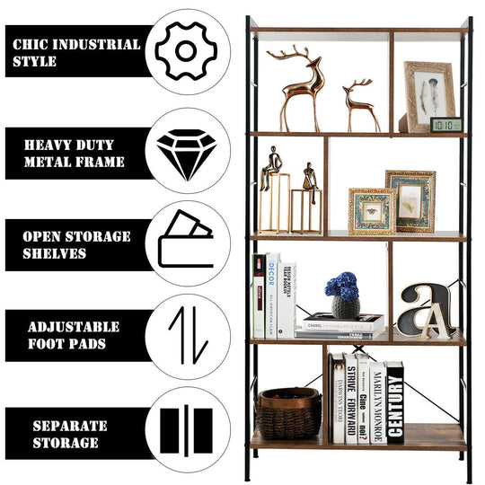 4-Tier Industrial Freestanding Bookshelf with Metal Frame