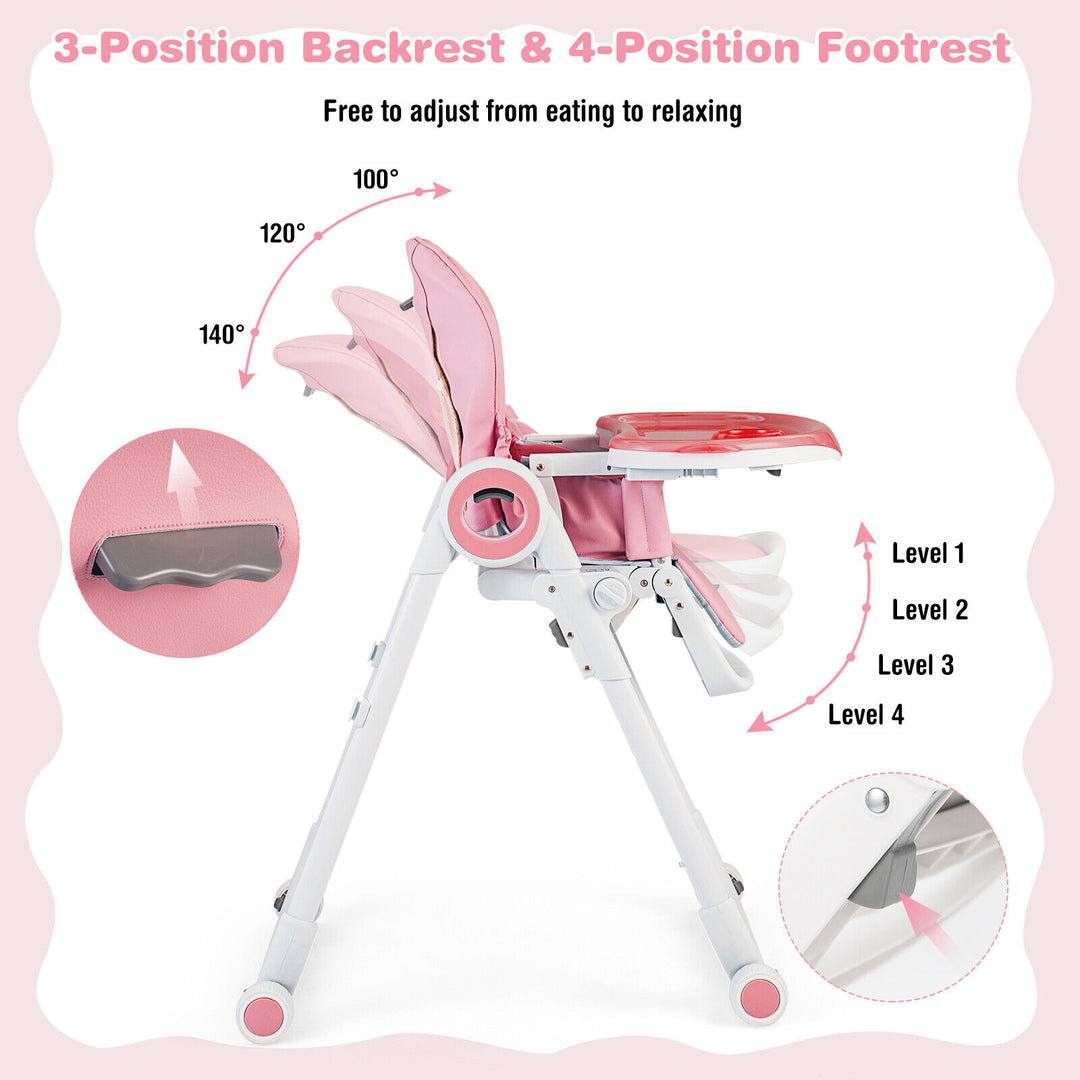 Baby High Chair Foldable Feeding Chair with 4 Lockable Wheels-Pink