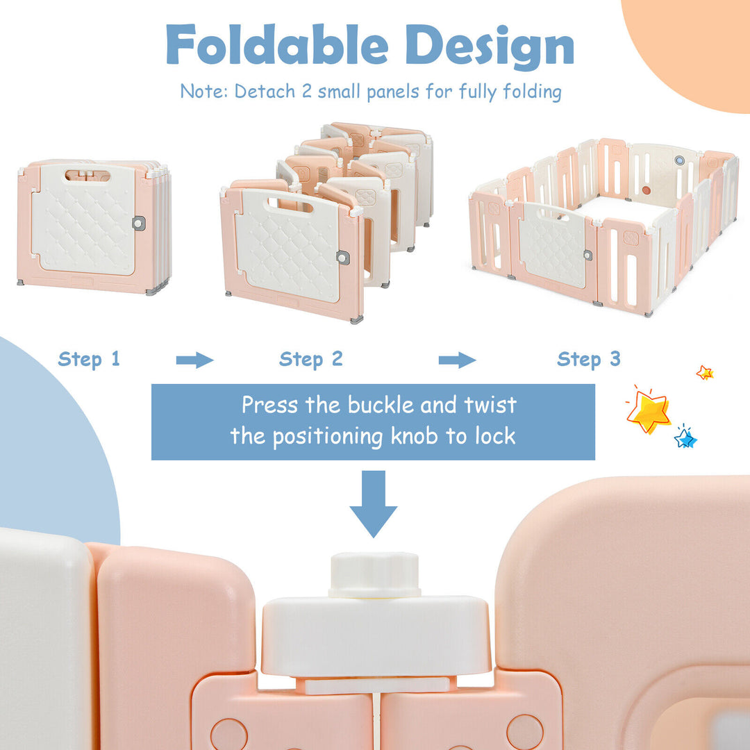 16 Panels Baby Safety Playpen with Drawing Board-Pink