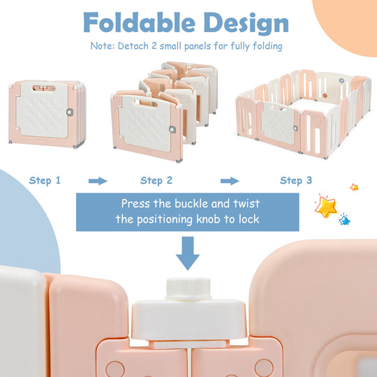 16 Panels Baby Safety Playpen with Drawing Board-Pink