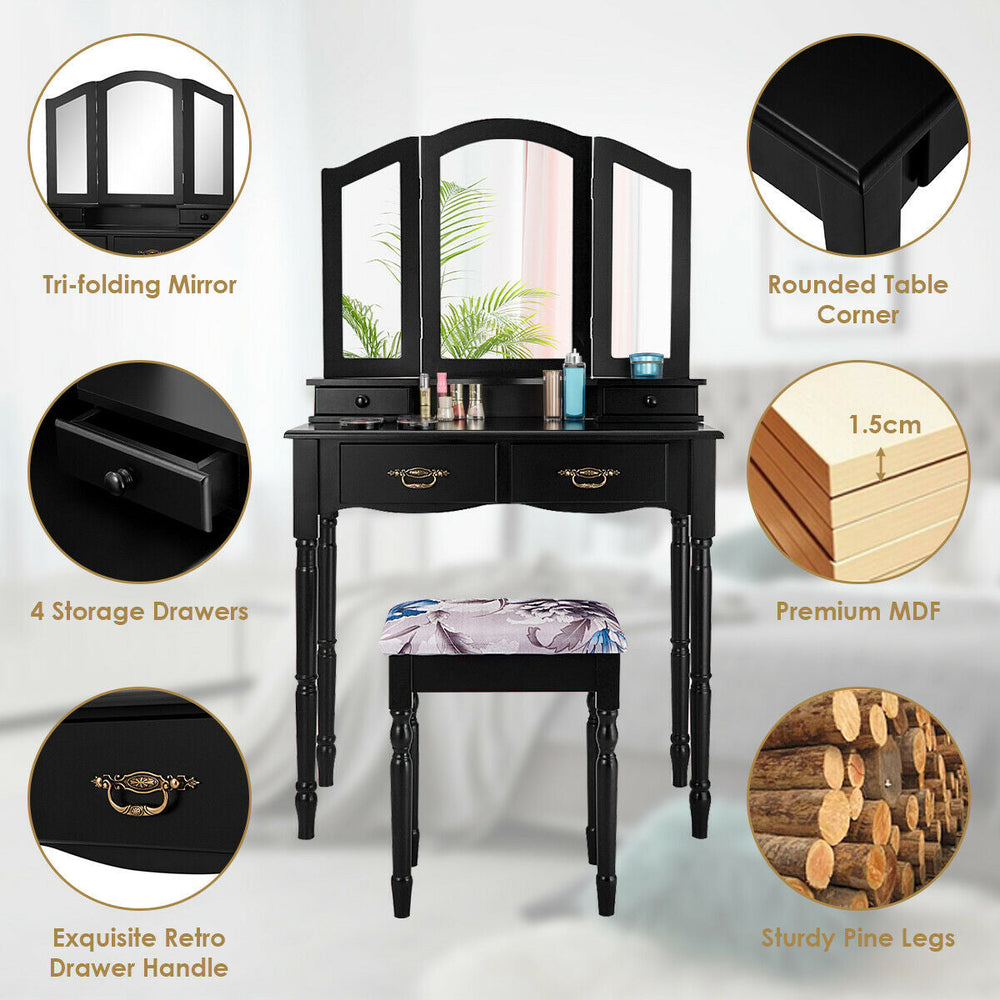 Simple Vanity Set with Tri-Folding Mirror Drawers and Storage Shelf