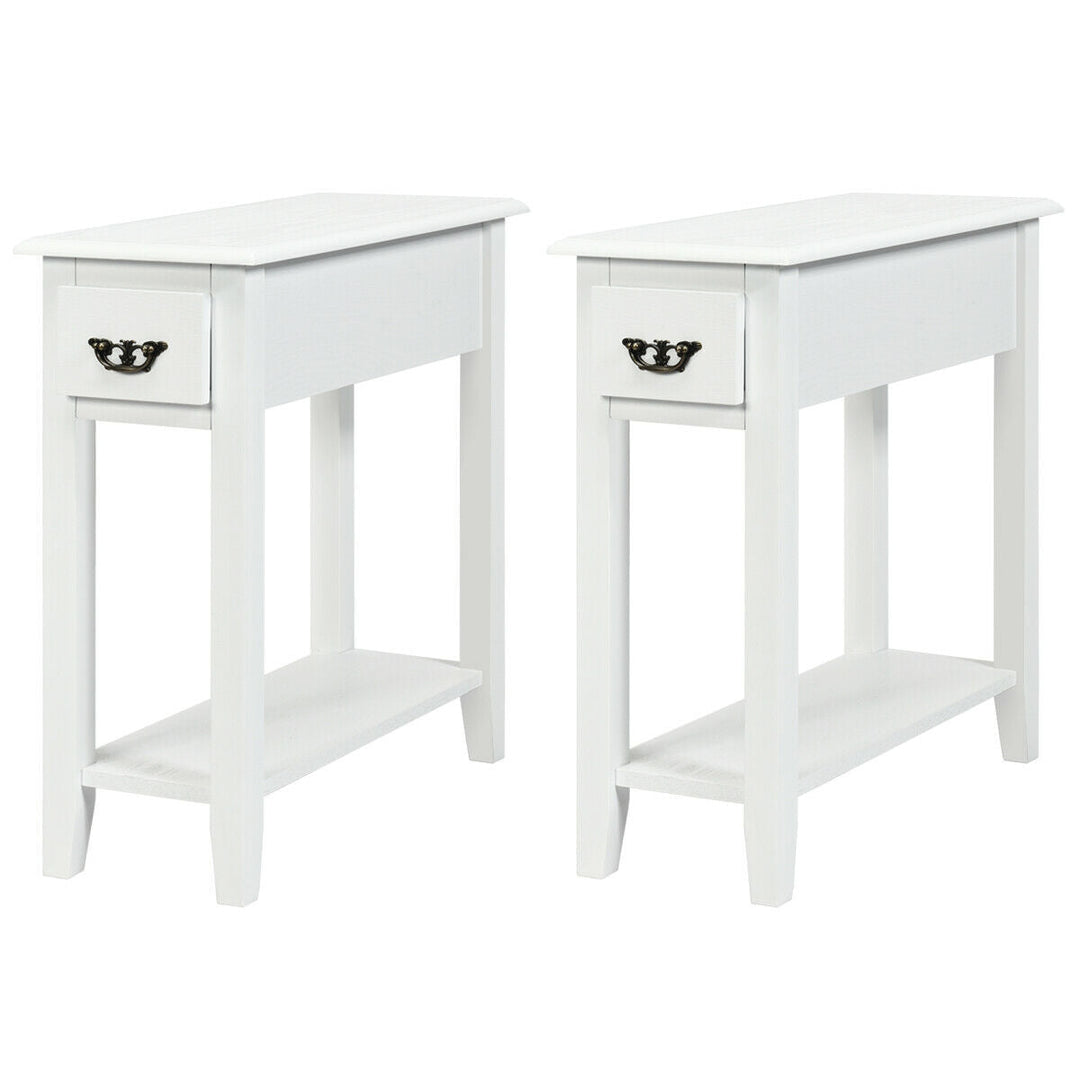 2 Pieces 2 Tier Sofa Side End Table with Drawer and Open Shelf