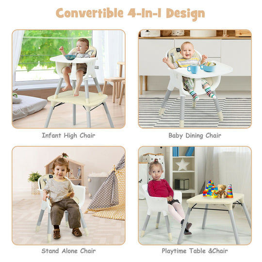 4-in-1 Baby Convertible Toddler Table Chair Set with PU Cushion-Beige