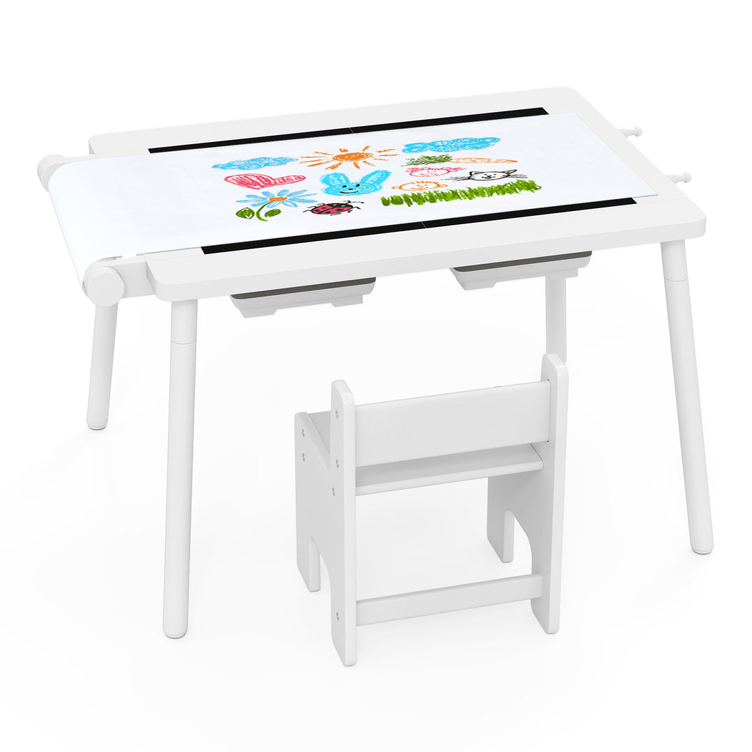 Sensory Table and Chair Set for Kids 2-8 with Foldable Bins-White