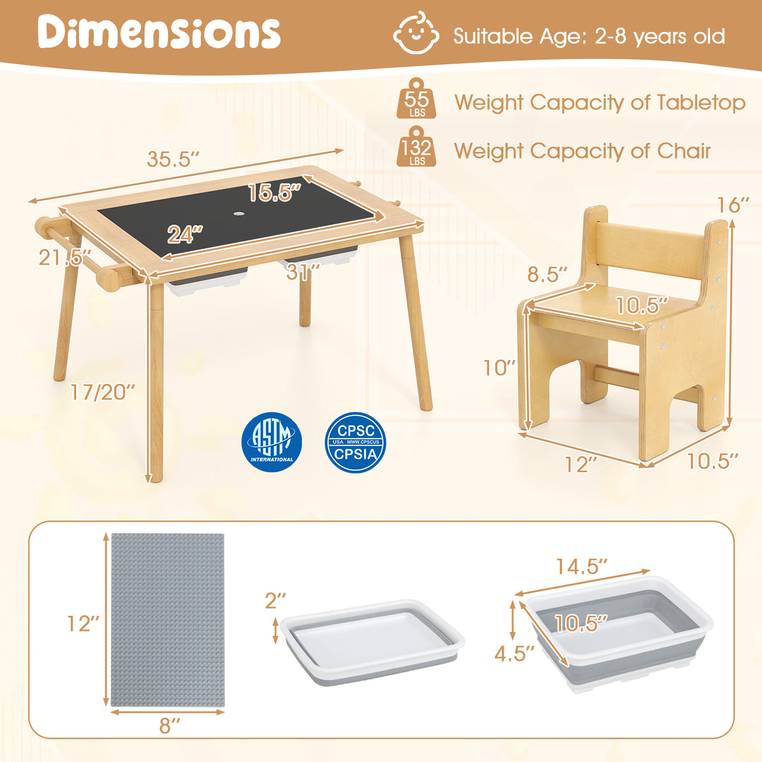 Sensory Table and Chair Set for Kids 2-8 with Foldable Bins-Natural