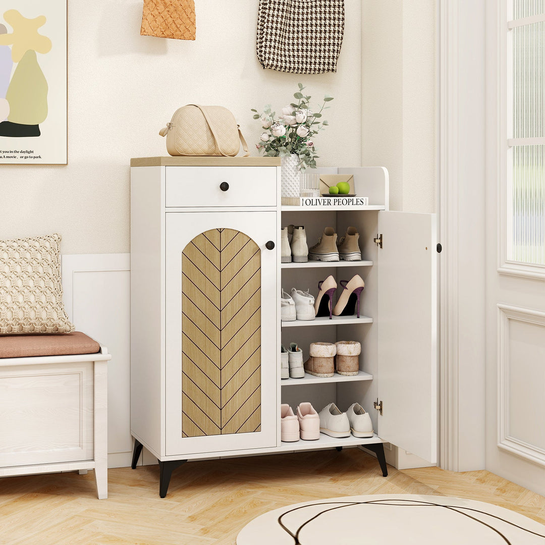 2-Door Shoe Rack Organizer with Drawer and 6 Removable Shelves-White