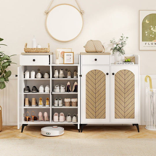 2-Door Shoe Rack Organizer with Drawer and 6 Removable Shelves-White