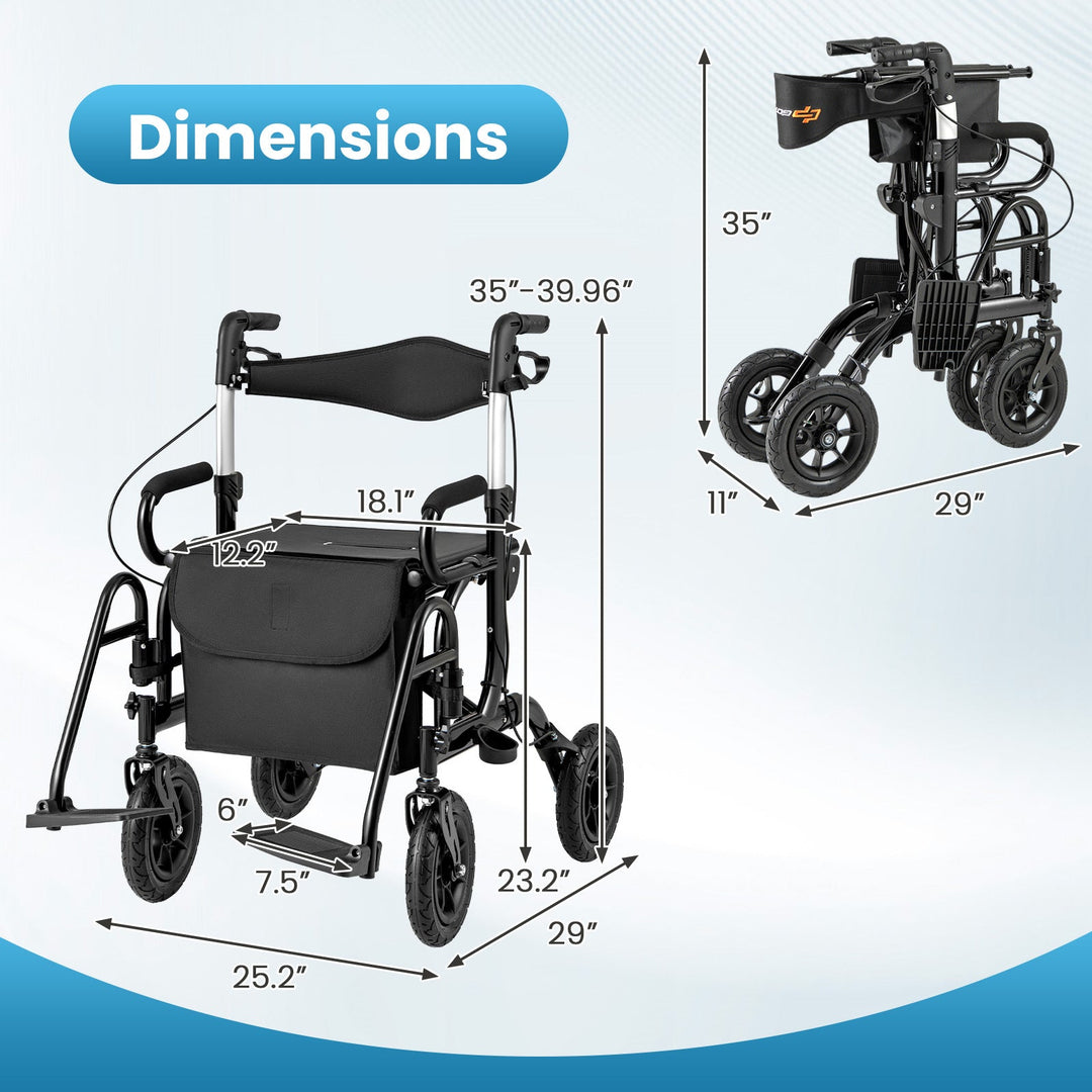 2-in-1 Foldable Rollator Walker with Seat abd 9 Inch Pneumatic Tires for Seniors