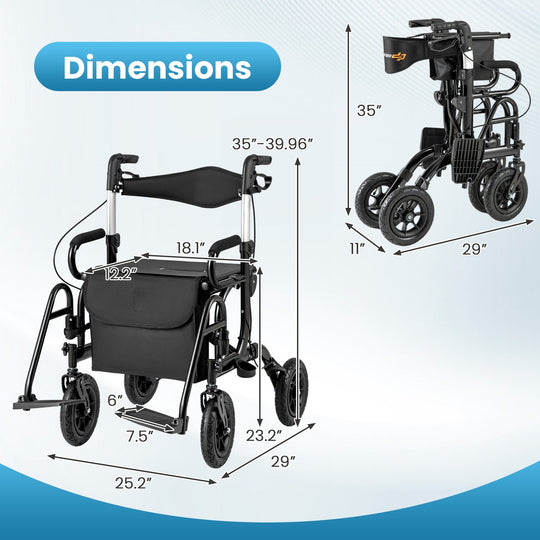 2-in-1 Foldable Rollator Walker with Seat abd 9 Inch Pneumatic Tires for Seniors