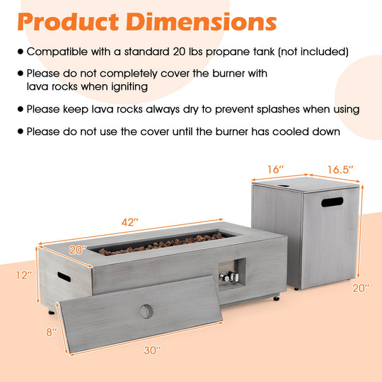 42 Inch 50 000 BTU Outdoor Rectangular Fire Table with Tank Holder