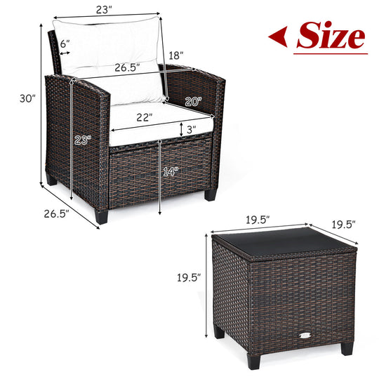 3 Pcs Patio Rattan Furniture Set Cushioned Conversation Set Coffee Table-Beige