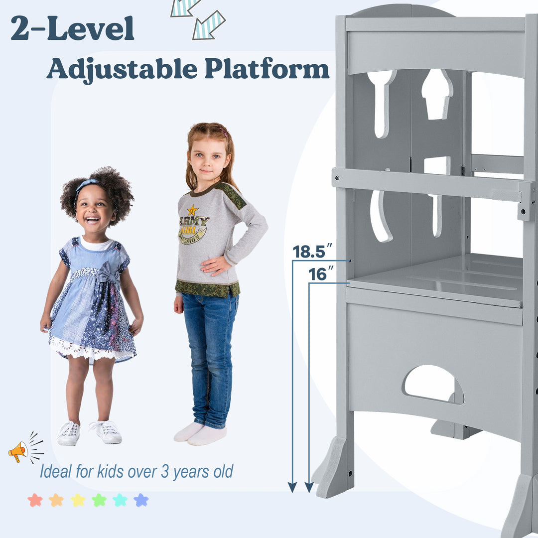 Folding Wooden Step Stool with Lockable Safety Rail for Toddler 3+-Gray