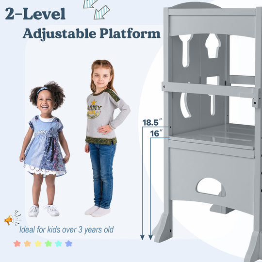 Folding Wooden Step Stool with Lockable Safety Rail for Toddler 3+-Gray
