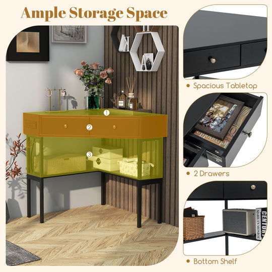 Triangle Corner Desk with Charging Station with 2 Drawers and Storage Shelf