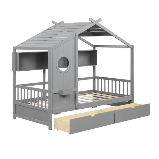 Twin Size House Bed with 2 Storage Drawers and Fence Guardrails