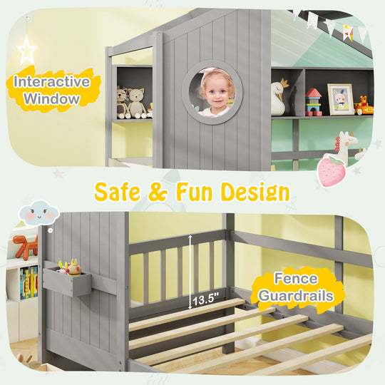Twin Size House Bed with 2 Storage Drawers and Fence Guardrails