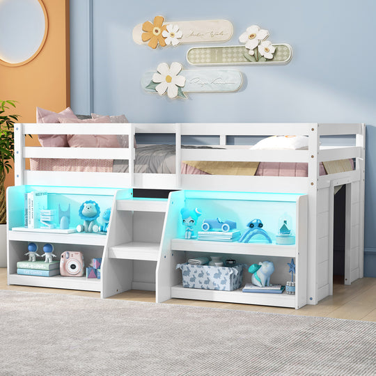 Twin Size Loft Bed with LED Lights with Staircase and Safety Guardrail-White