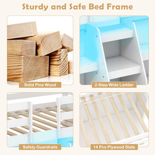 Twin Size Loft Bed with LED Lights with Staircase and Safety Guardrail-White