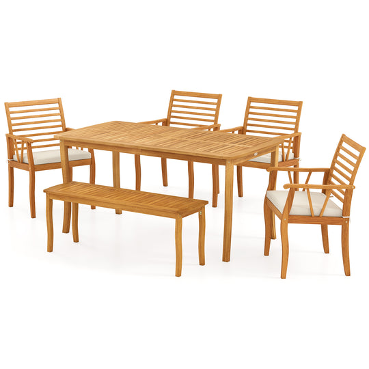 Acacia Wood Outdoor Table and Bench Chairs Set with 1.97 Inch Umbrella Hole