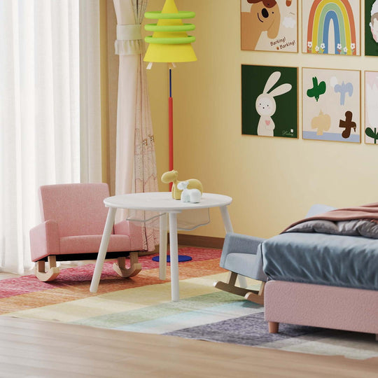 Children’s Room Furniture Bundle: Twin Pink Bed Blue & Pink Rocking Chairs Storage End Table