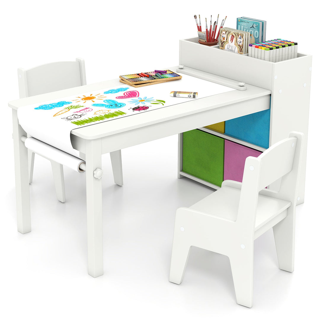 Kids Art Table and Chairs Set with 2 Chairs and Paper Roll