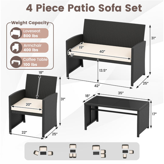 4 Pieces Patio Furniture Set with Tempered Glass Tabletop and Removable Cushion
