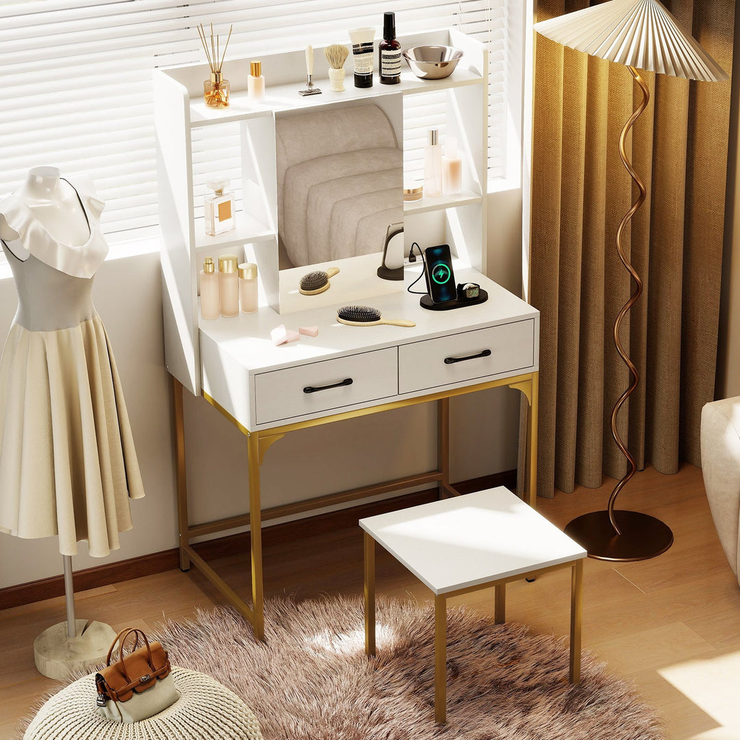 Vanity Desk with Storage Drawers and Charging Station