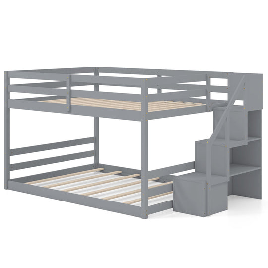 Solid Wood Full Over Full Low Bunk Bed with Storage Stairs
