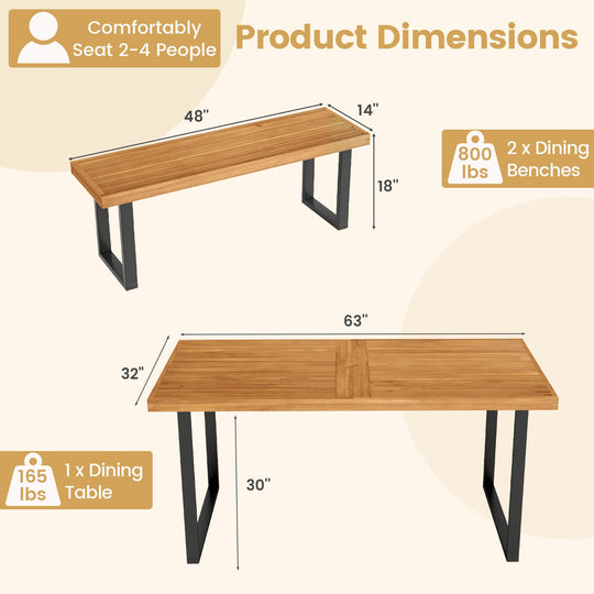 3 Pieces Patio Dining Table Set 63‚Äù Rectangle Table and 2 Backless Bench